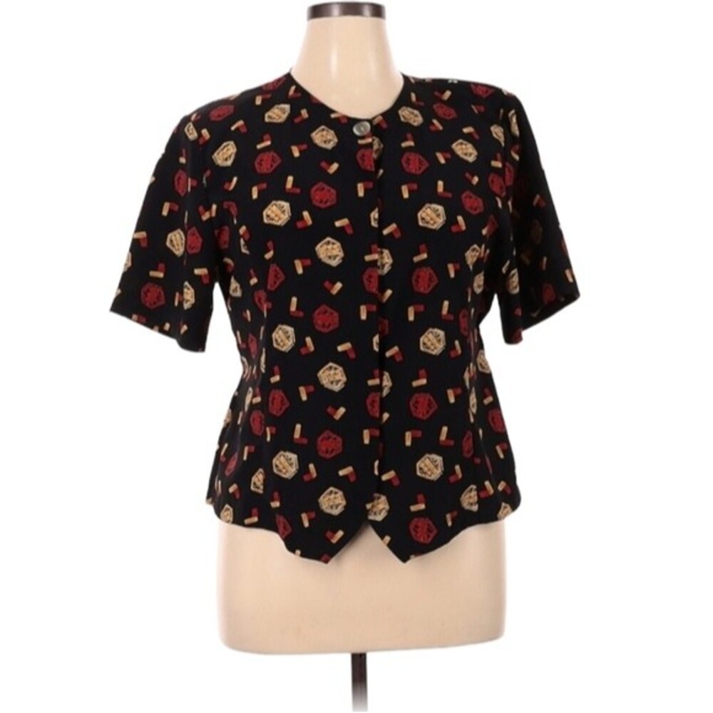 Vintage Bora Bora Short Sleeve Button Front Blouse Size XL Black Gold Red Print